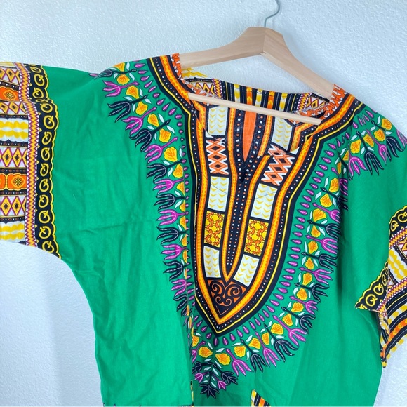 Dashiki Shirt African Print Large Green Short Sleeves Unisex top Festival - Picture 7 of 13